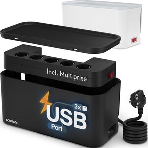 ACROPAQ Boite Cache Cable - 5 Prises 3 USB A Range Cable avec Cache Multiprise Boîtier de Rangement avec Cache Prise Electrique