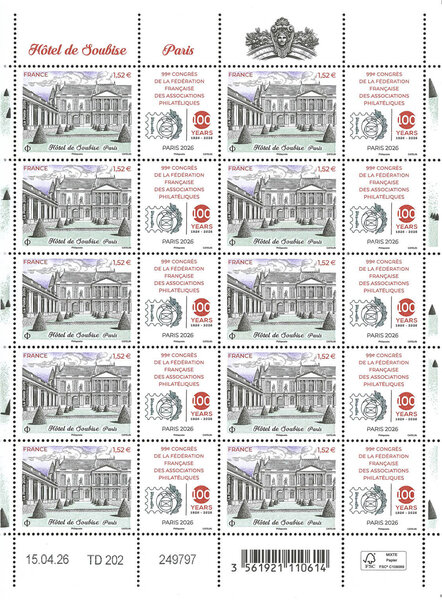 Feuille de 10 timbres - 99ème Congrès FFAP - Hôtel de Soubise - Lettre Verte
