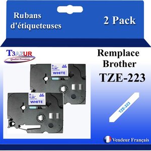 2x Rubans d'étiqueteuses compatibles avec Brother Tze223  Tze-223 pour étiqueteuses P-touch - Texte bleu sur fond blanc - Largeur 9 mm x 8 mètres - T3AZUR