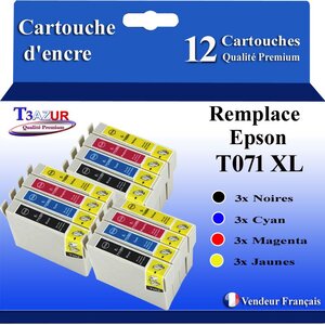 T3AZUR- 12x Cartouches Compatibles avec Epson T0711 T0712 T0712 T0714 T0715