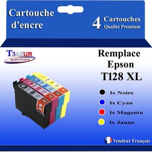 T3AZUR- 4x Cartouches Compatibles avec Epson T1281 T1282 T1282 T1284 remplace Epson Stylus Office SX420W SX425W SX430W SX435W SX438W SX440W SX445W