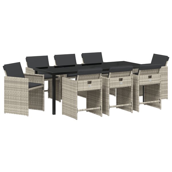 Ensemble de salle à manger jardin de 9 pièces avec coussins Gris clair Poly Rattan