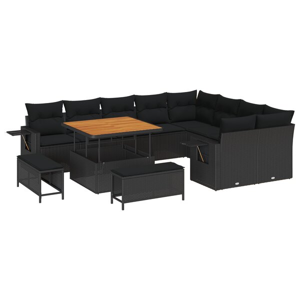Ensemble de Canapé de Jardin 12 pièces avec Coussins noirs en Rattan Poly Acacia