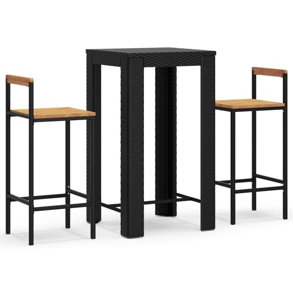 vidaXL Ensemble de bar jardin 3 Pièces noir poly rotin/bois massif acacia