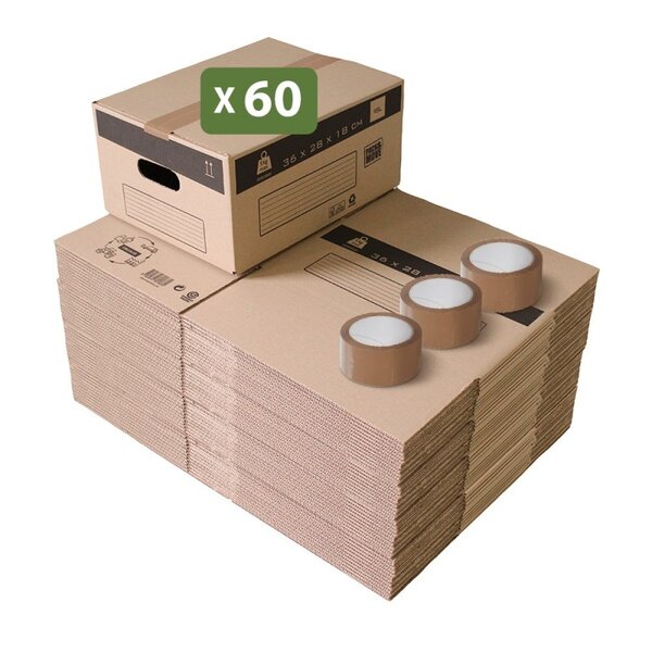 Pack and Move - Lot 60 cartons déménagement stockage S - 36 x 28x 18 cm - Poignées renforcées - 3 adhésifs offerts