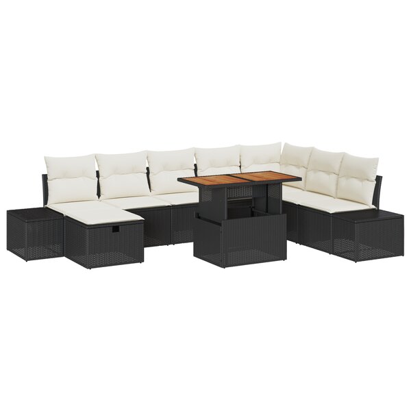 vidaXL Ensemble de salle à manger de jardin 9 pièces avec coussins en rotin noir et acacia