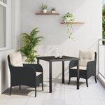 vidaXL Set de salle à manger de jardin 3 pièces avec coussins en rattan poly noir