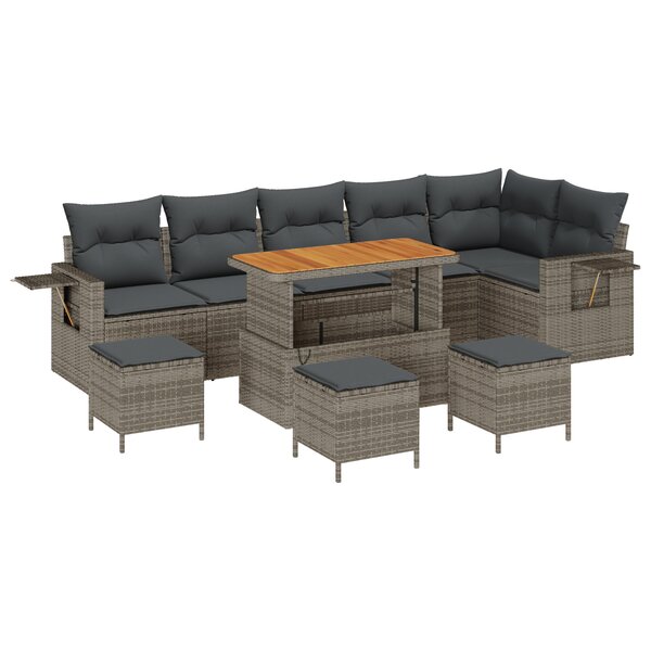 Ensemble de Canapé de Jardin de 10 pièces avec Coussins Gris en Rotin Poly Acacia