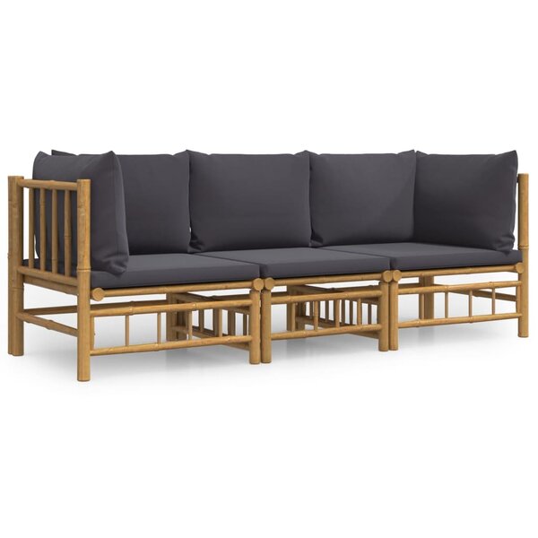 vidaXL Salon de jardin 3 Pièces avec coussins gris foncé bambou