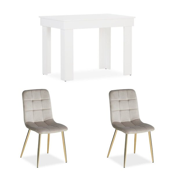 Table de salle à manger 90×60 cm blanche avec 2 chaises en velours crème