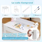 Bureau pour enfants avec tabouret et plateau rabattable table à dessin en pin polyvalent avec rouleau de papier pour enfants de 3 ans+ blanc 20_0008022