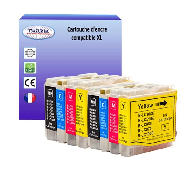 T3AZUR- Lot de 8 Cartouches compatibles avec Brother LC1000 XL pour Brother DCP130C  DCP135C  DCP150C  DCP153C  DCP155C