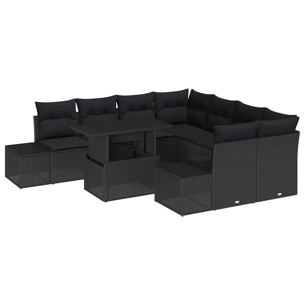 vidaXL Ensemble de canapé de jardin avec coussin 9 Pièces Noir polyrotin
