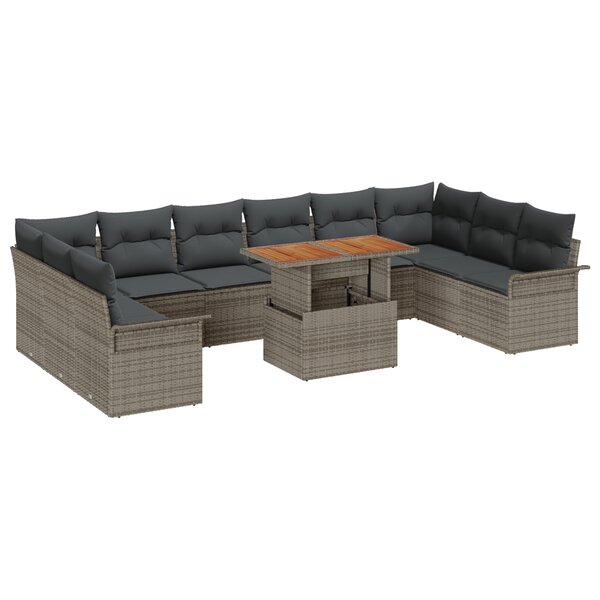vidaXL Ensemble de salle à manger de jardin de 11 pièces avec coussins en poly rotin gris et acacia