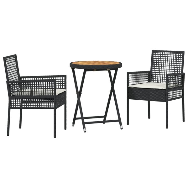Ensemble Bistro de Jardin 3 pièces avec Coussins en Poly Rattan Noir