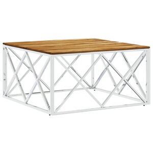 vidaXL Table basse argenté acier inoxydable et bois massif d'acacia