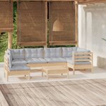 vidaXL Salon de jardin 7 Pièces avec coussins gris bois de pin