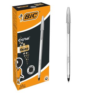 Stylo bille CRISTAL SHINE Pointe Moyenne 1 mm Noir Corps Argent x 20 BIC