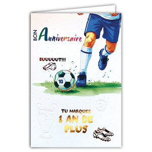 69-3129 Carte Anniversaire 1 an de Plus pour Homme Footballeur Sportif ou Supporter Peinture Aquarelle - Finitions Dorure Or Doré + Gaufrage en Relief +1 Enveloppe Format 12x17cm - Fabriqué en Europe