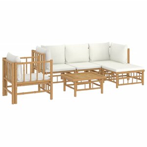 Salon de jardin meuble d'extérieur ensemble de mobilier 6 pièces avec coussins blanc crème bambou 02_0016636