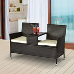 Banc de jardin design contemporain 133L x 63l x 84H cm banc double chaise avec coussins assise + tablette intégrée résine tressée chocolat polyester crème