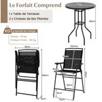 Bistrot pour patio 3 pièces table et chaises pliantes de bar de jardin avec plateau de table dpc trou pour parasol et repose-pieds 20_0007921