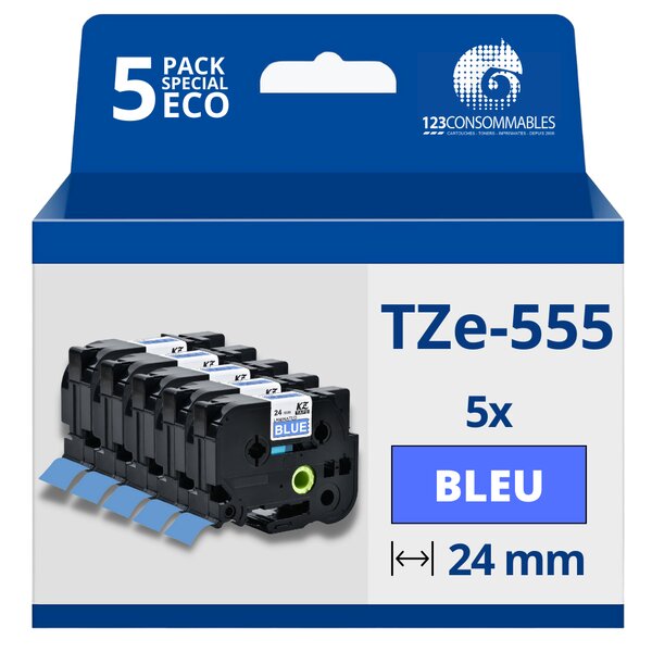 Pack de 5 Rubans compatible avec Brother TZe555 - Texte blanc sur fond bleu - Largeur 24 mm x 8 mètres