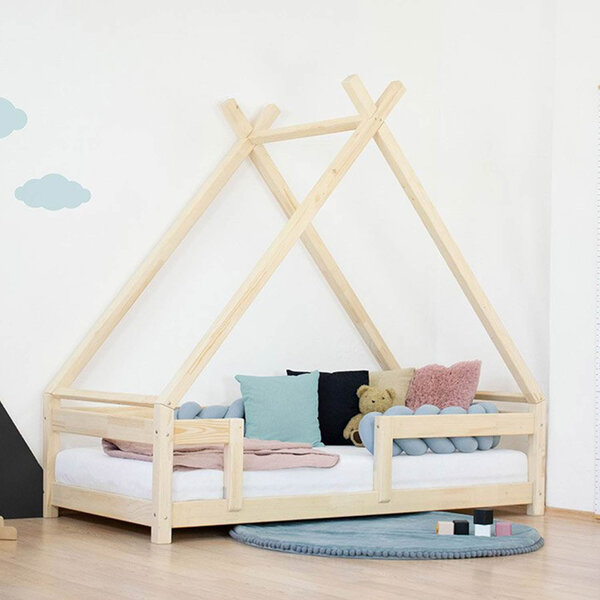 Lit Tipi enfant avec barrière bois massif naturel vernis 120 x 180 cm