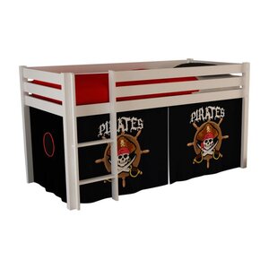 PINO Lit sureleve en pin massif avec sommier Blanc + Rideau de lit Pirate