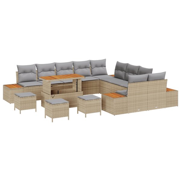 Ensemble de canapés de jardin 14 pièces avec coussins beige poly rotin acacia
