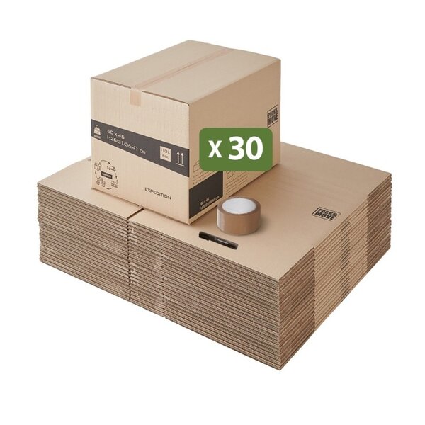 Pack and Move - Lot 30 cartons déménagement hauteur modubale variable  personnalisable - 60 x 45 x 31-41 cm  - Poignées renforcées - 1 adhésif offert