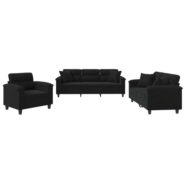 vidaXL Ensemble de canapés 3 Pièces avec coussins Noir Tissu microfibre