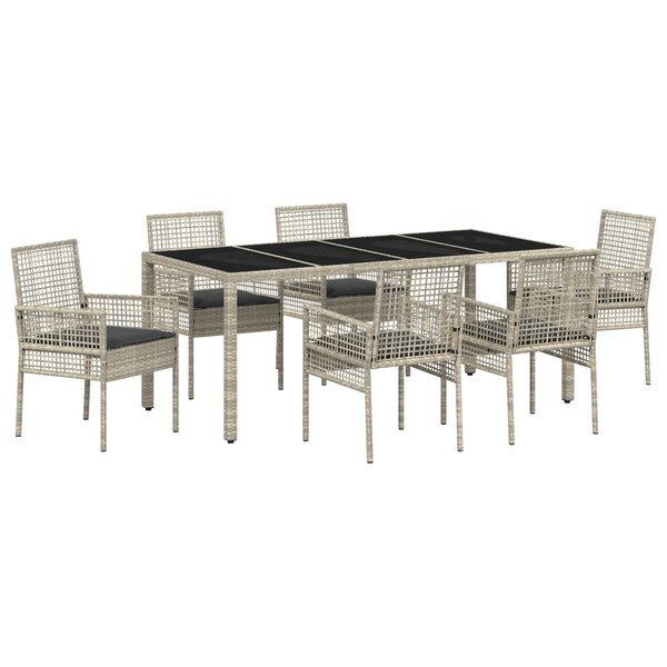 Ensemble de salle à manger de jardin 7 pièces avec coussins en poly rattan gris clair