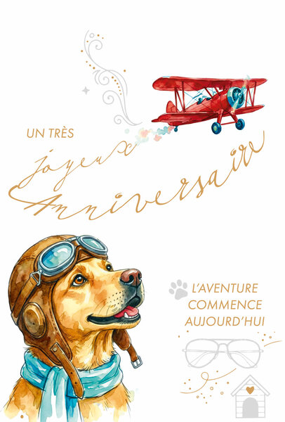 69-3128 Carte Anniversaire Chien Aviation Biplan L'Aventure commence aujourd'hui Peinture Aquarelle - Finitions Dorure Or Doré + Gaufrage en Relief +1 Enveloppe Format 12x17cm - Fabriqué en Europe