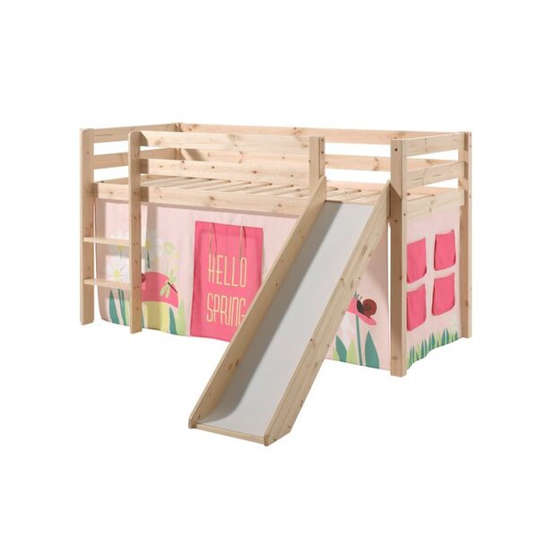 PINO Lit Compact avec Toboggan Pin Massif Nature + Rideau de lit Spring