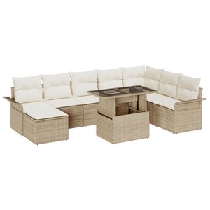 vidaXL Ensemble de 9 Canapés de Jardin avec Coussins Beige Poly Rattan