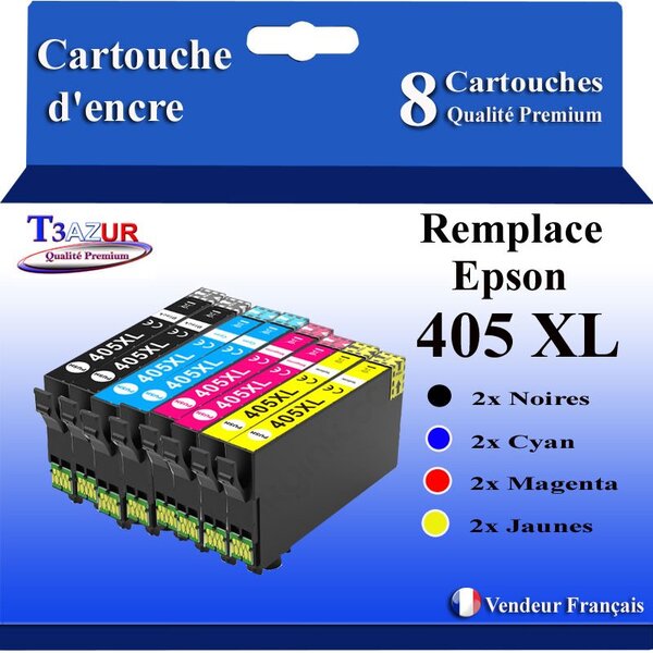 T3AZUR - 8x Cartouches compatibles avec Epson WorkForce Pro WF-7830DTWF (2Noires + 2Cyan + 2 Magenta + 2 Jaunes)