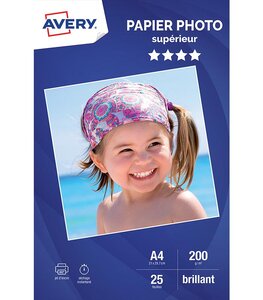 Bte 25 feuilles de papier photo blanc brillant 200g. A4. Impression jet d'encre AVERY