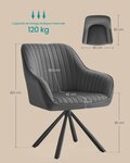 Chaise salle à manger fauteuil pivotant velours rembourrée avec accoudoirs charge 120 kg pieds acier pour salle à manger cuisine gris 12_0004969