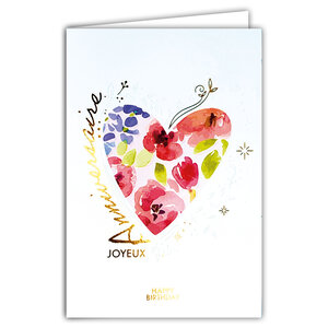 69-3104 Carte Anniversaire pour Fille Femme Jolie Belle comme un Cœur Fleuri Fleurs Champêtre Rose - Finitions Dorure Or Doré + Gaufrage en Relief +1 Enveloppe Format 12x17cm - Fabriqué en Europe