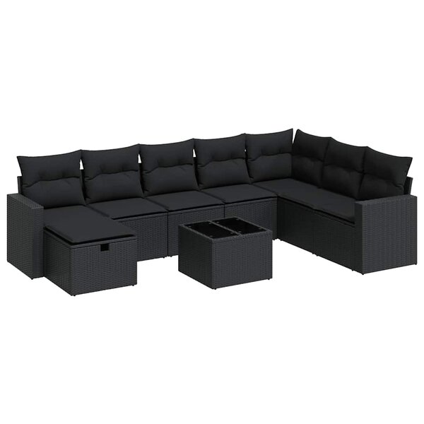 vidaXL Salon de jardin 9 Pièces avec coussins noir résine tressée