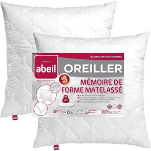 2 oreillers blanc à mémoire de forme matelassés 60 x 60 cm