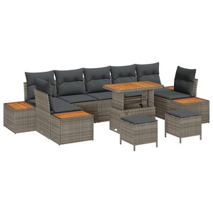 Ensemble de Canapé de Jardin vidaXL 10 Pièces avec Coussins Gris Rattan Poly Acacia