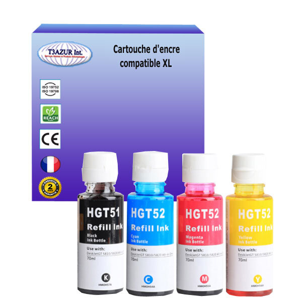 4  Bouteilles d'encre compatibles avec HP Ink Tank 110, 115, 116, 118, 310 remplace HP GT51 / GT52 (Noire+Couleur) - T3AZUR