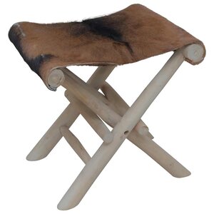 vidaXL Tabouret pliable cuir de chèvre et bois de teck massif