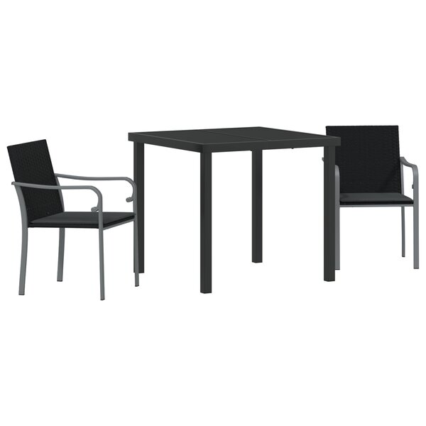 Ensemble de salle à manger de jardin 3 pièces avec coussins en rotin noir