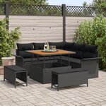 Canapé de jardin 8 pièces avec coussins en rotin poly noir acacia
