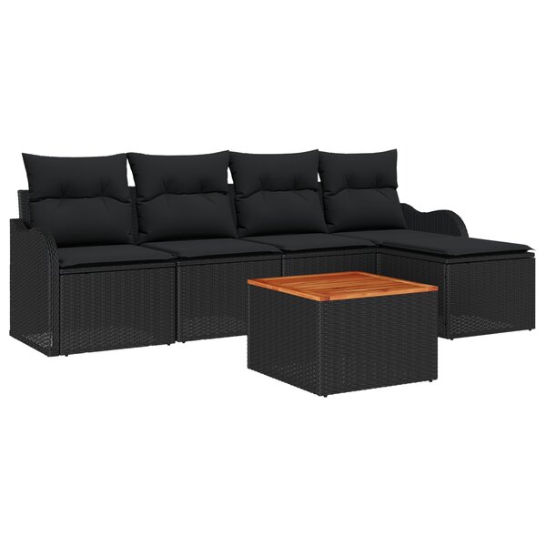 Ensemble de canapé de jardin 6 pièces avec coussins en rotin synthétique noir et acacia