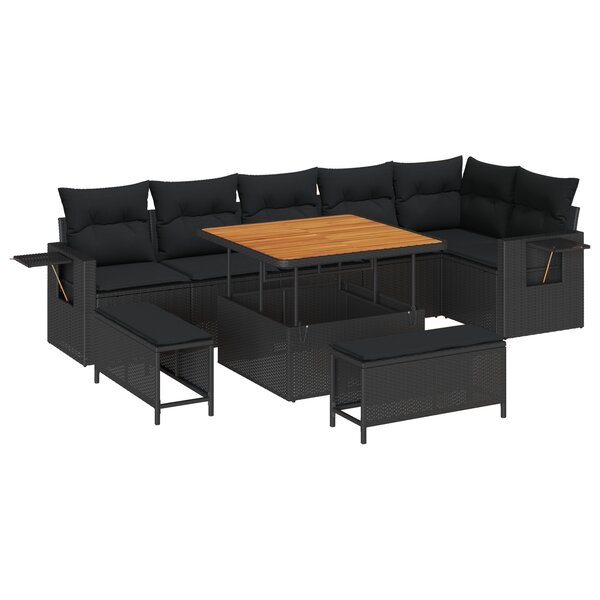 Set de canapé de jardin 9 pièces vidaXL avec coussins Noir Rotin Acacia