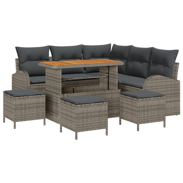 Ensemble de canapé de jardin 9 pièces avec coussins gris poly rattan